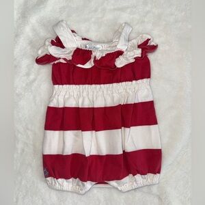 Ralph Lauren Redish Pink and White Striped Baby Bubble Romper